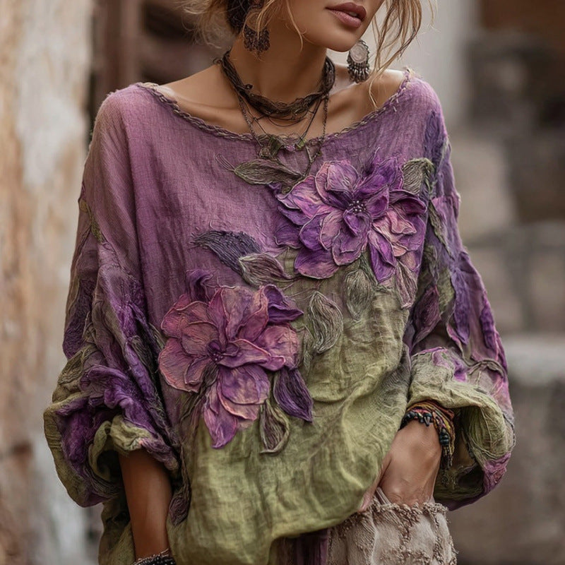 Womens 3D-printed Crew-neck Long-sleeve Retro Bohemian Top