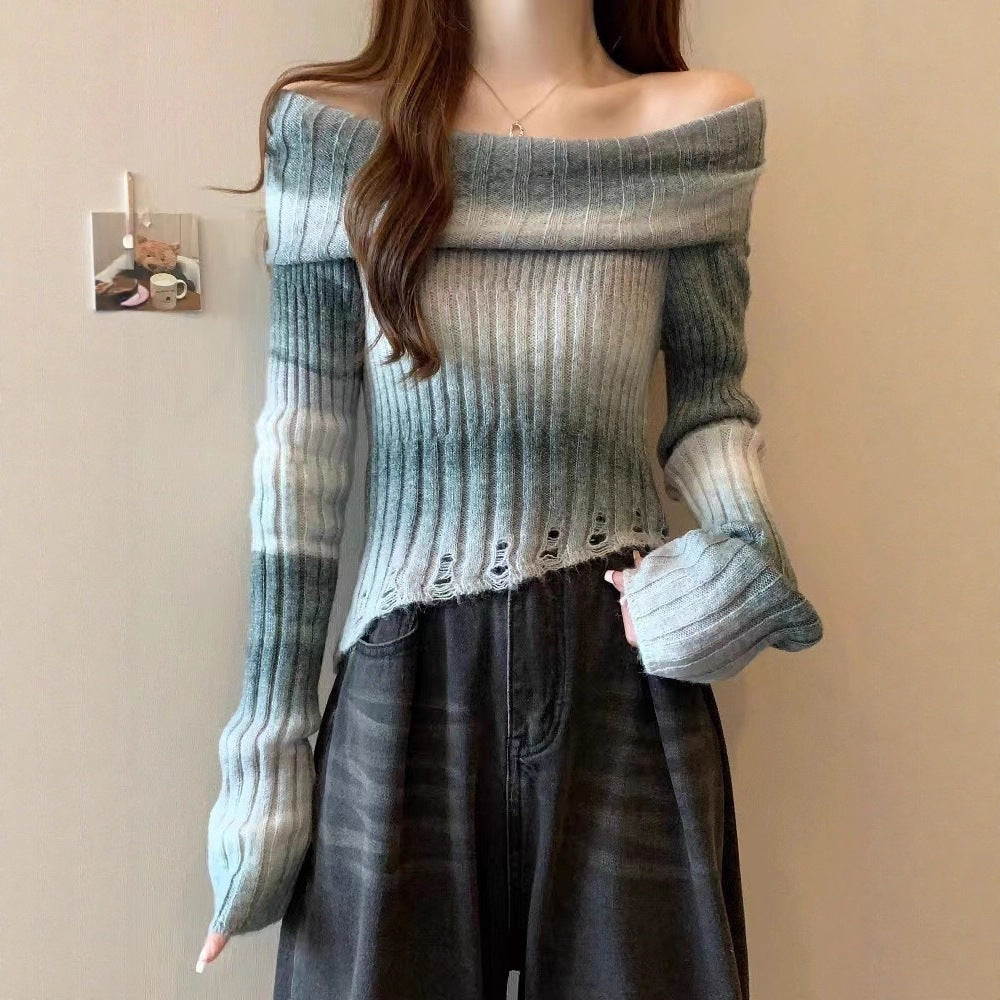 Off-shoulder Gradient Irregular Slim-fit Sweater For Women