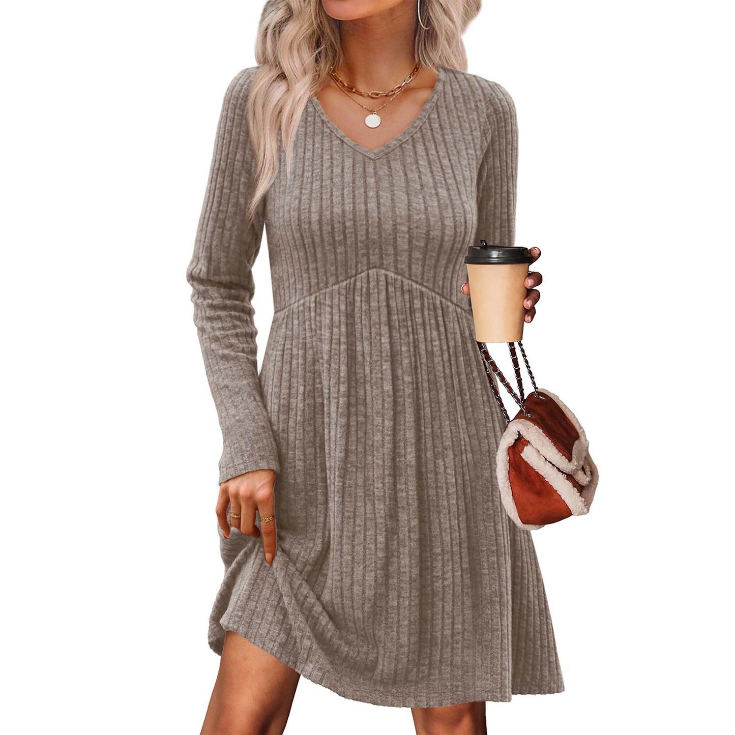 Ribbed, Brushed-Back Long-Sleeve Casual Pleated Pocket Dress