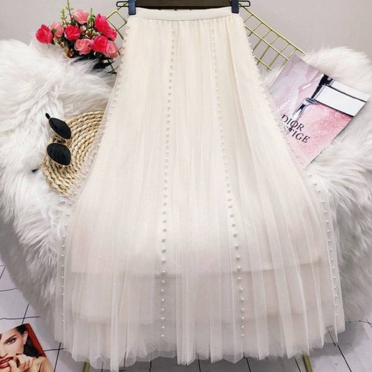 Pleated Mesh Skirt Women's Mid-length High Waist Long Skirt