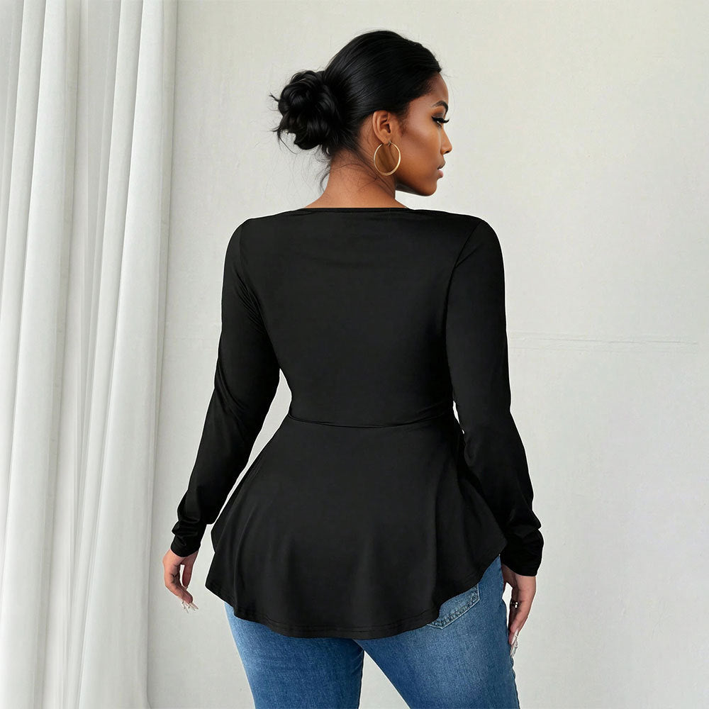 Irregular Hem Pleated Waist-cinching Long-sleeved Sexy Top