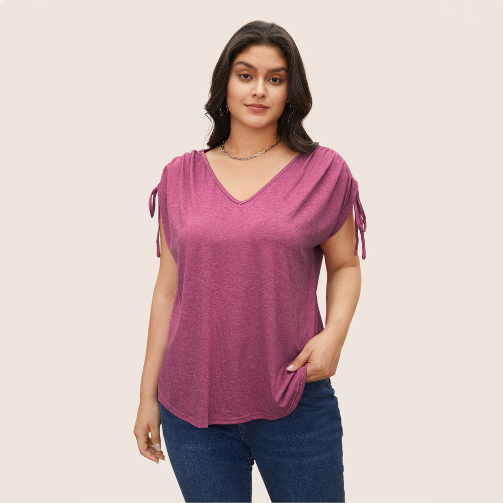 New Drawstring Vest V-neck Solid Color Casual Loose Short-sleeve T-shirt