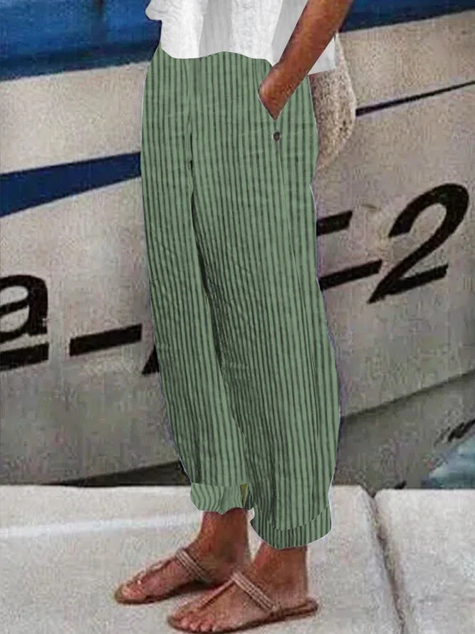 Striped Printed Women's Pants Cotton And Linen Breathable