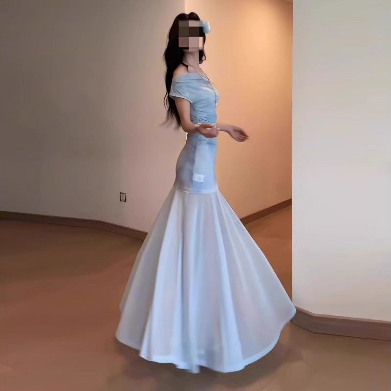 Women's Blue Mesh Off-shoulder Dress