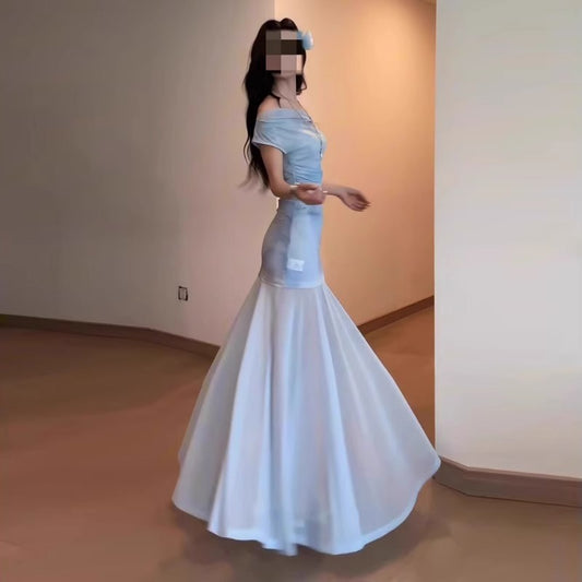 Women's Blue Mesh Off-shoulder Dress
