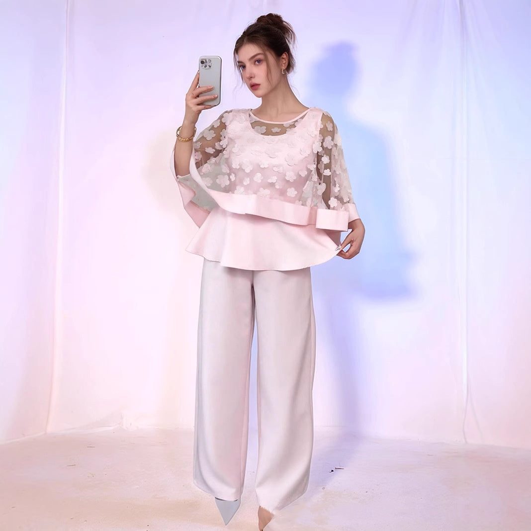 Net Yarn Flowers Long Sleeve Two-piece Set