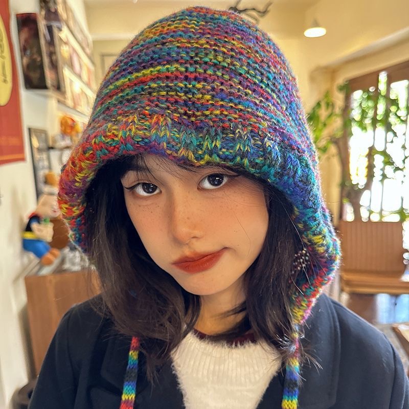 AutumnWinter Rainbow Striped Earflap Knit Hat
