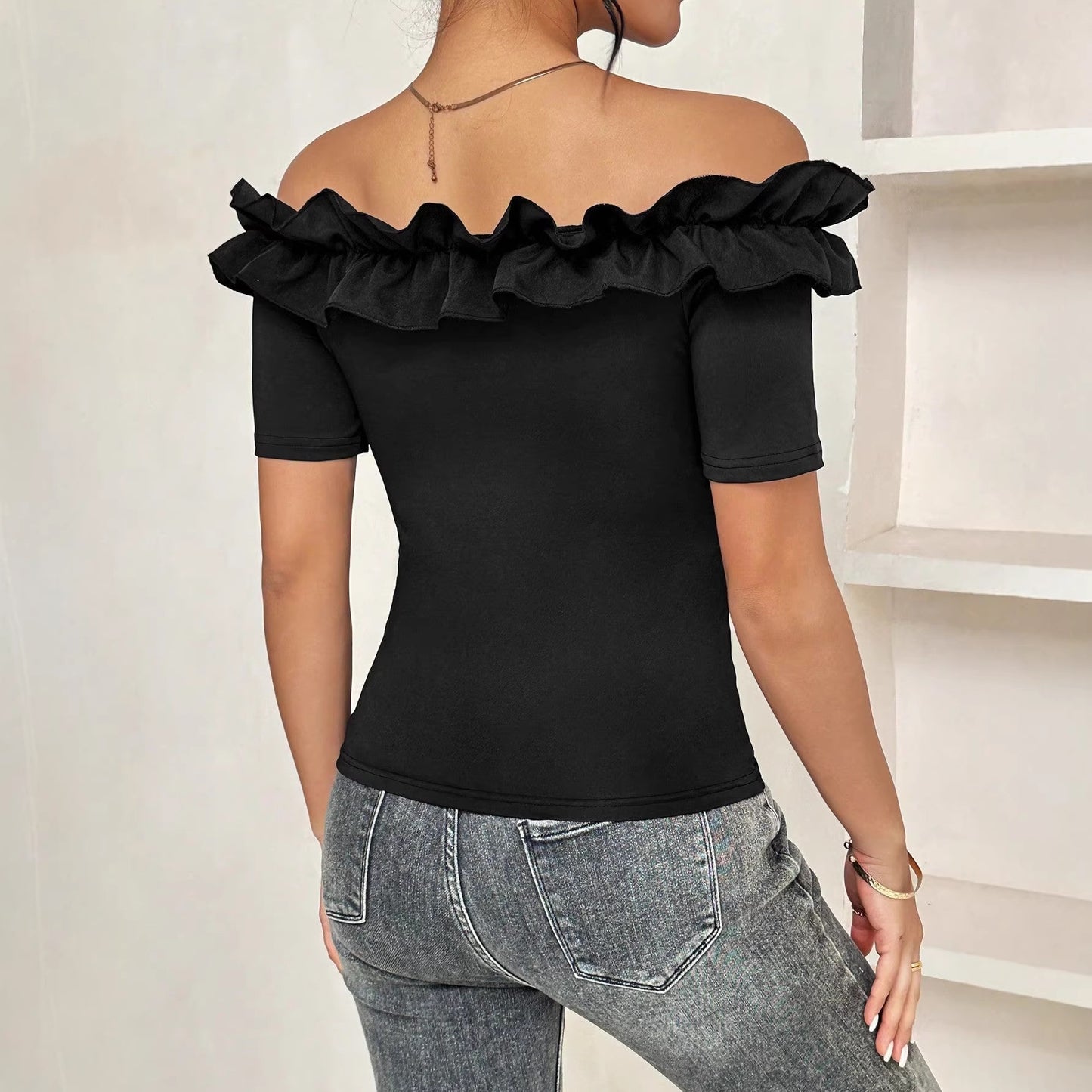 Womens Stylish Off-shoulder Ruffle T-shirt Top