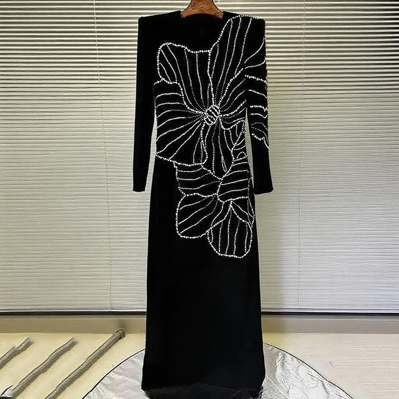 Womens Long Dress With Long Sleeves Crew Neck And Rhinestone-Embellished Floral Design