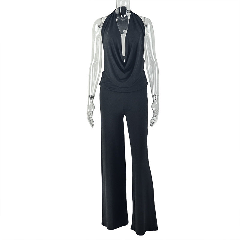 Womens Solid-Colored Halter Top And Pants Set