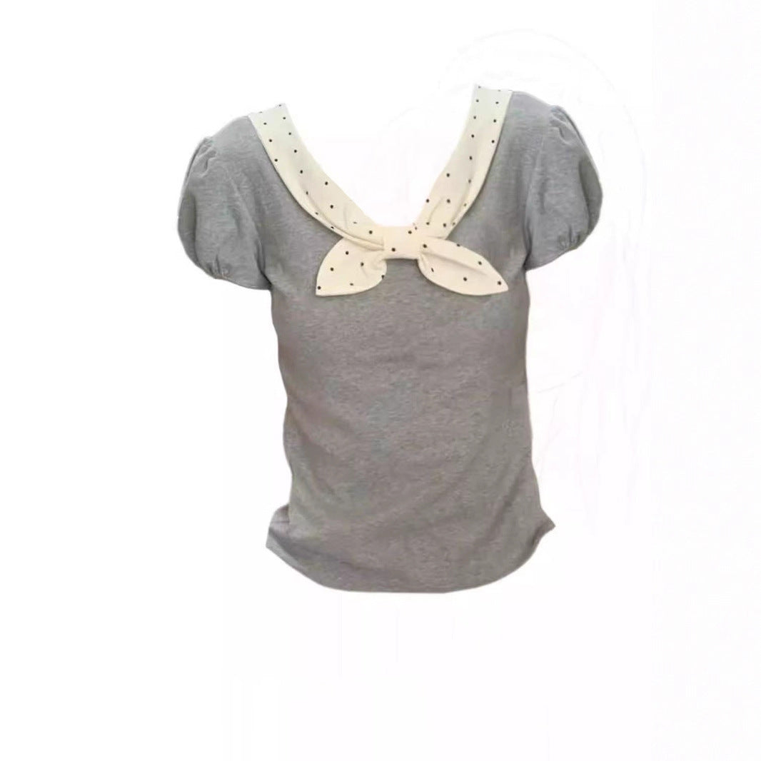 Korean Style Polka Dot Bow Slim Fit Slimming Short Sleeve