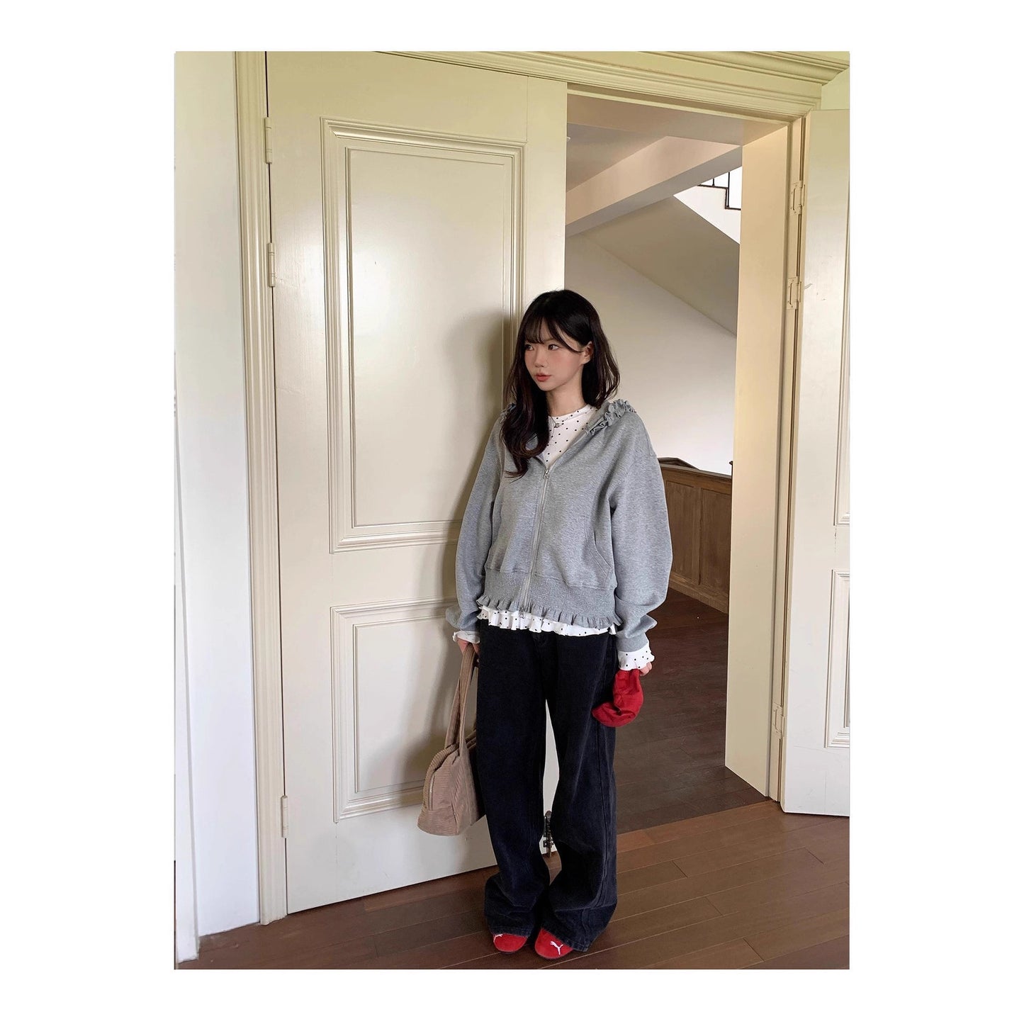 Gray Hooded Sweatshirt With Wood Ear Lace Jacket For Women