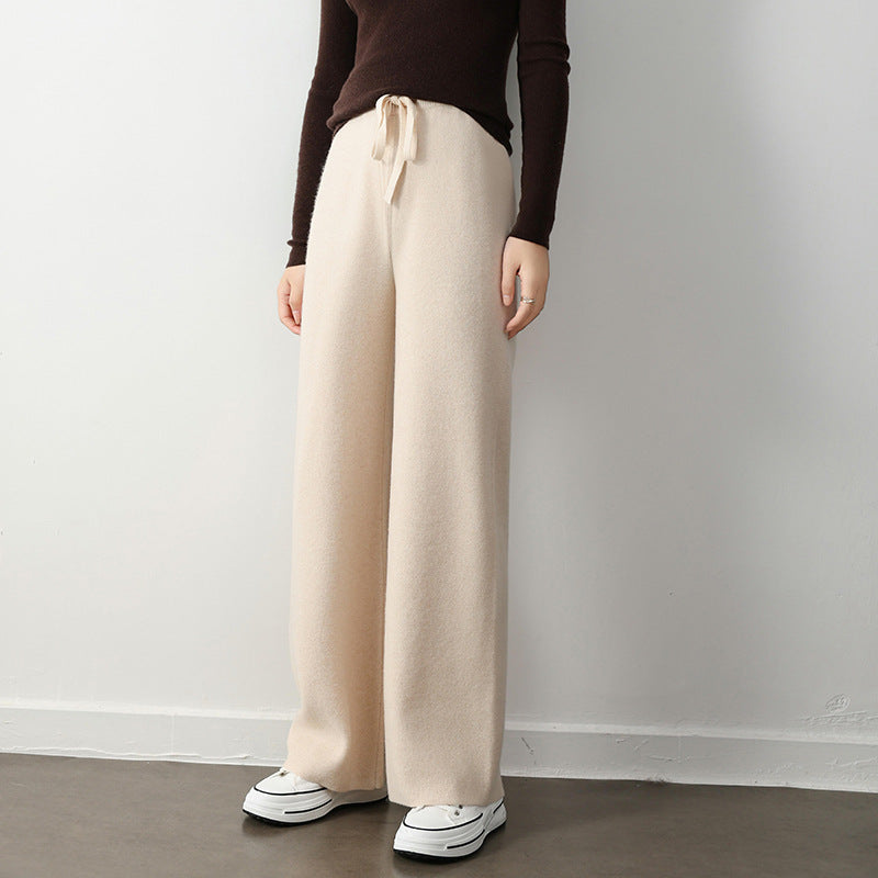 Stretch Elastic Waistband Lace-up Straight Wide-leg Pants