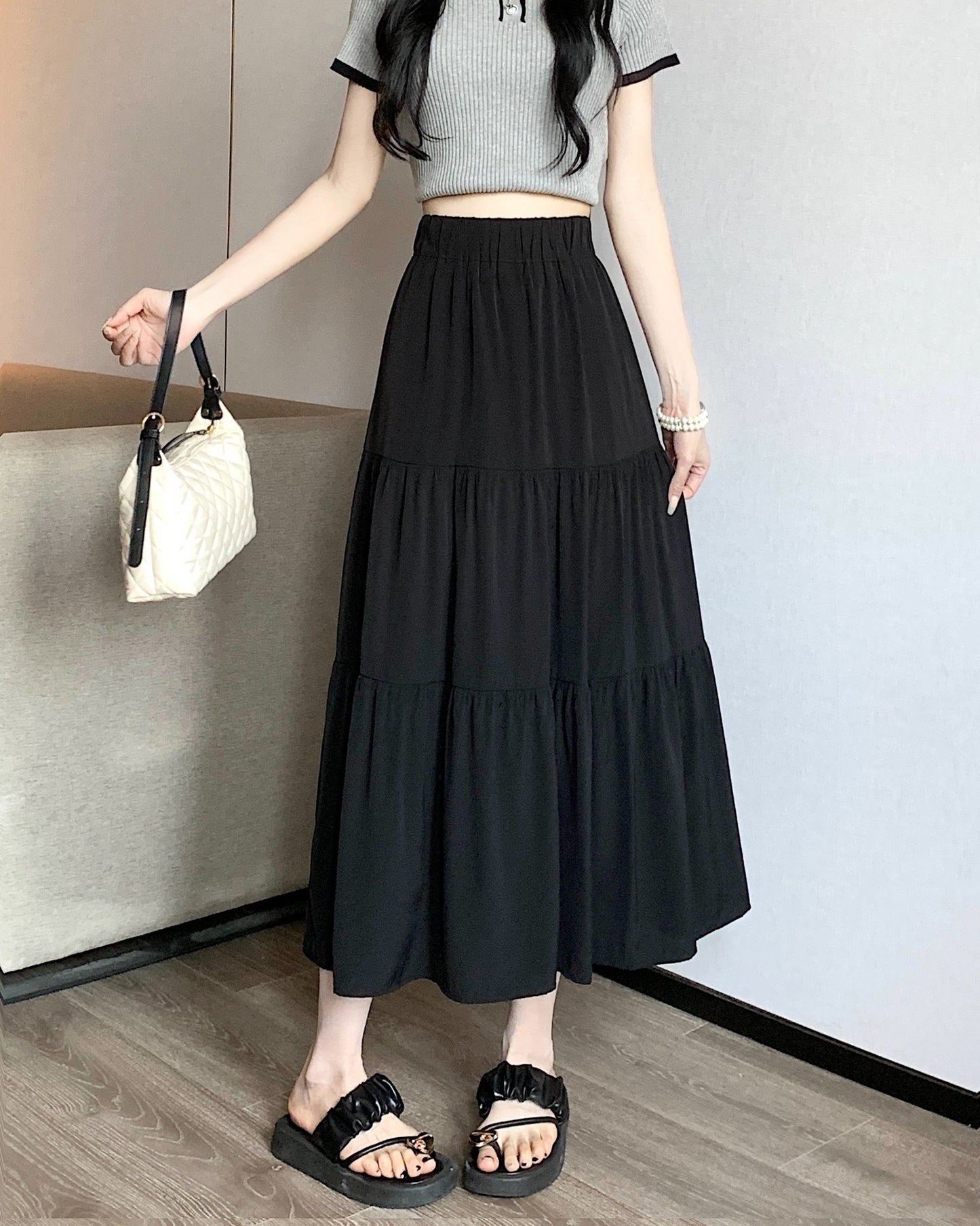 White Elastic High Waist Slimming Tiered Skirt