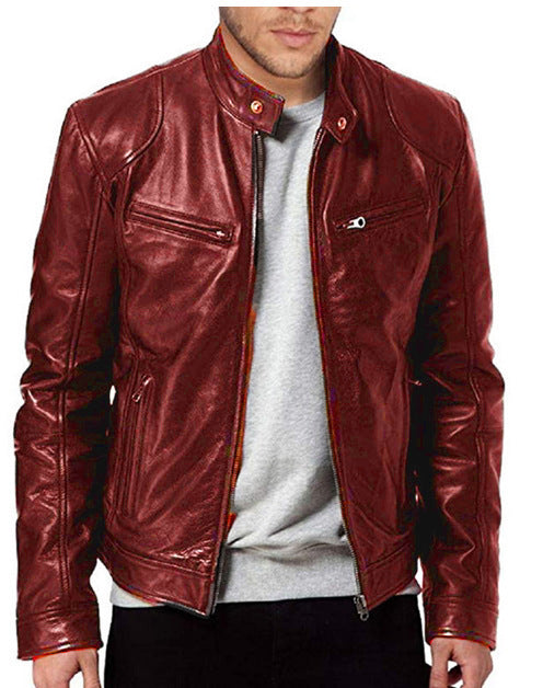 Mens Leather With A Stand-up Collar Punk-style Jacket