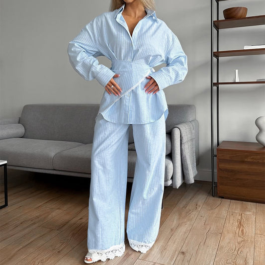 Patchwork Striped Lapel Long-sleeve Shirt Casual Wide-leg Pantsthree-piece Set