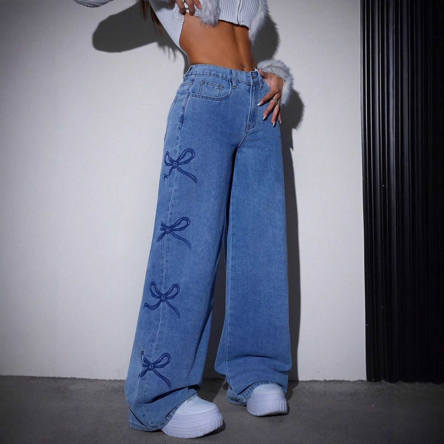Printede lige-benede vide jeans