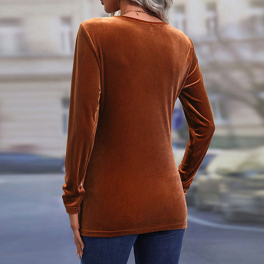 AutumnWinter Long-Sleeve Asymmetrical Slit Elegant Velvet Top