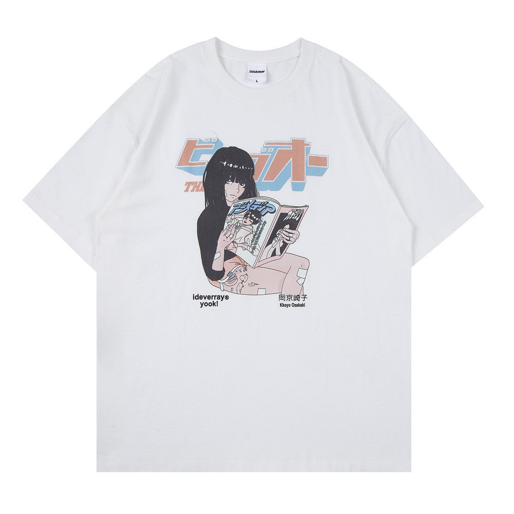 Loose Crew Neck Cartoon Print Short Sleeves