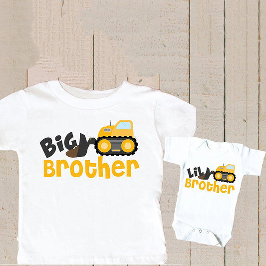 Yellow Excavator T-Shirt Parent-Child Short Sleeve