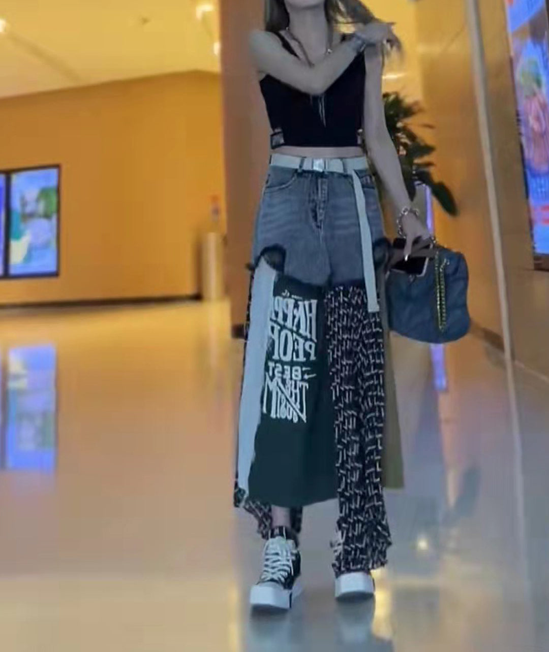 Women's High Waist Washed Denim Splicing Fashion Print Casual Skirt