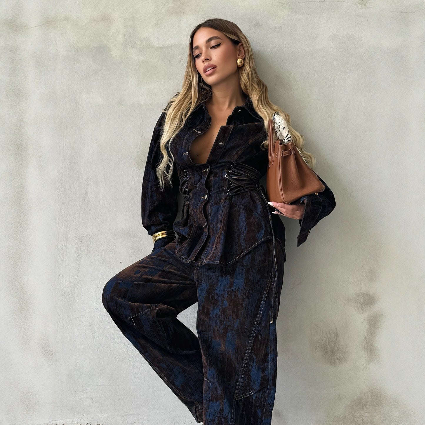 Printed Flocking Contrasting Color Tie-dye Denim Jacket And Pants Set
