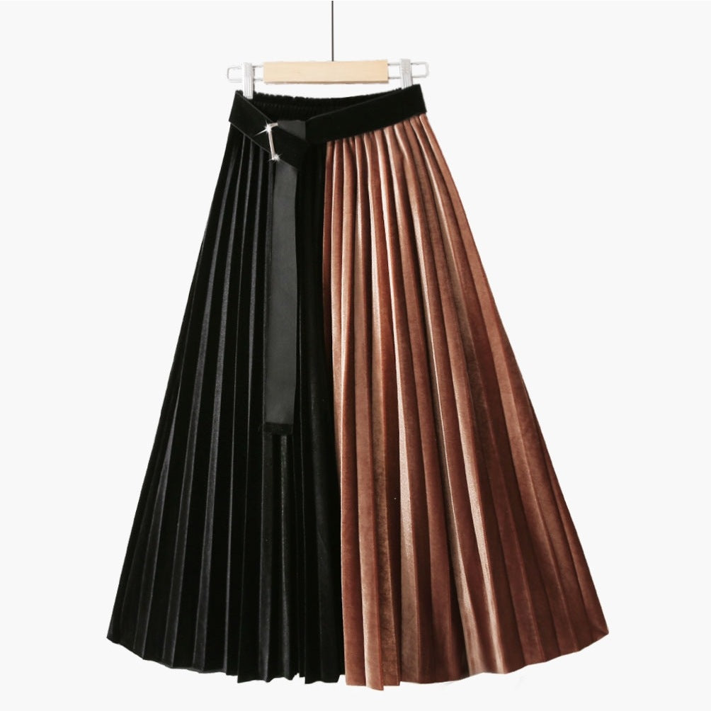 Height Belt Pleuche Patchwork Contrast Color Retro Slimming Skirt