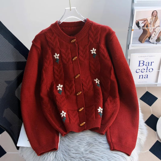 Retro Machine Embroidery Cable-knit Sweater Coat