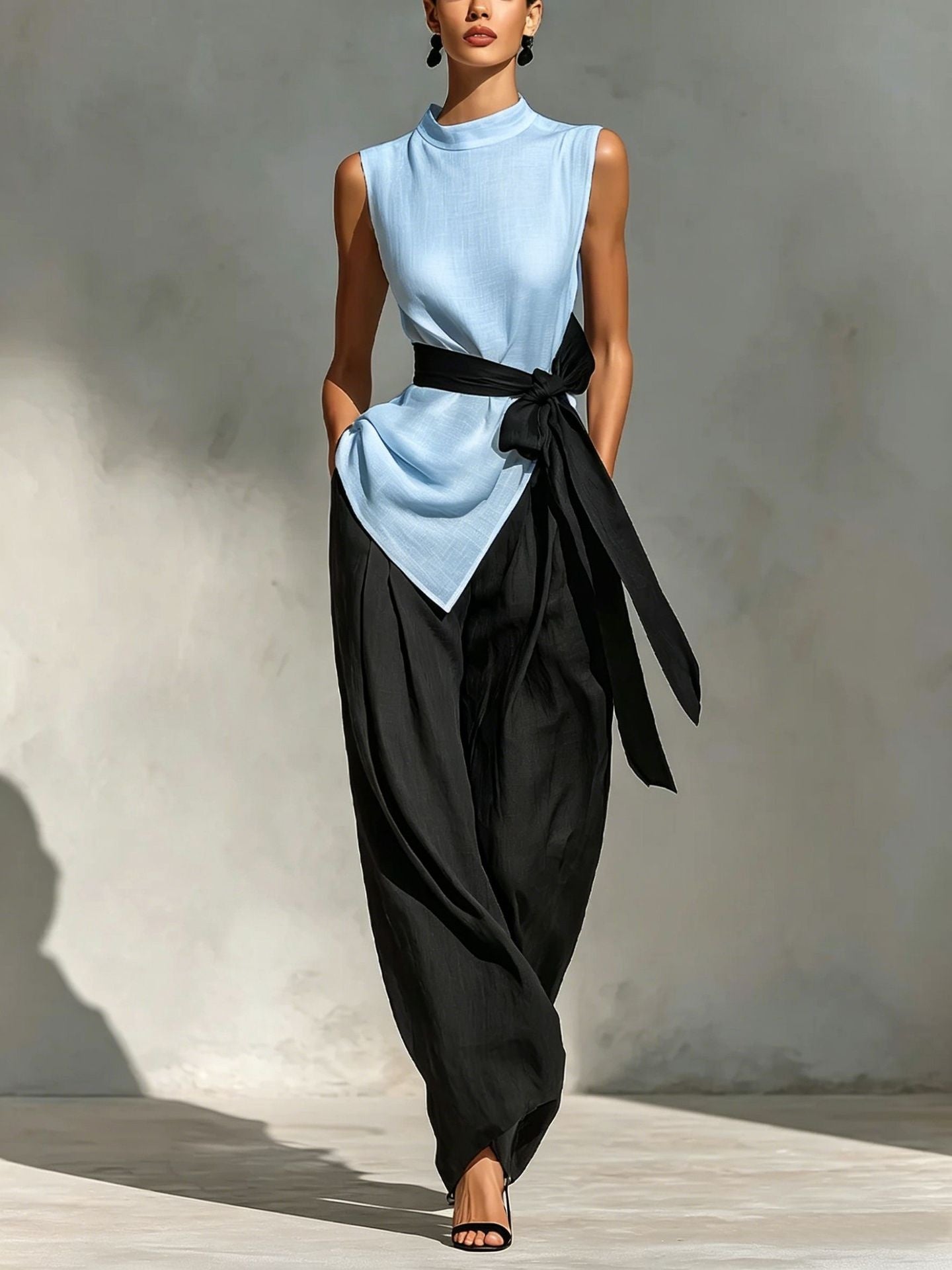 Womens Lace-Up Sleeveless Top And Wide-Leg Pants Two-Piece Set