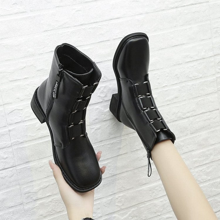 New Square Toe Thick Heel Side Zipper Short Boots