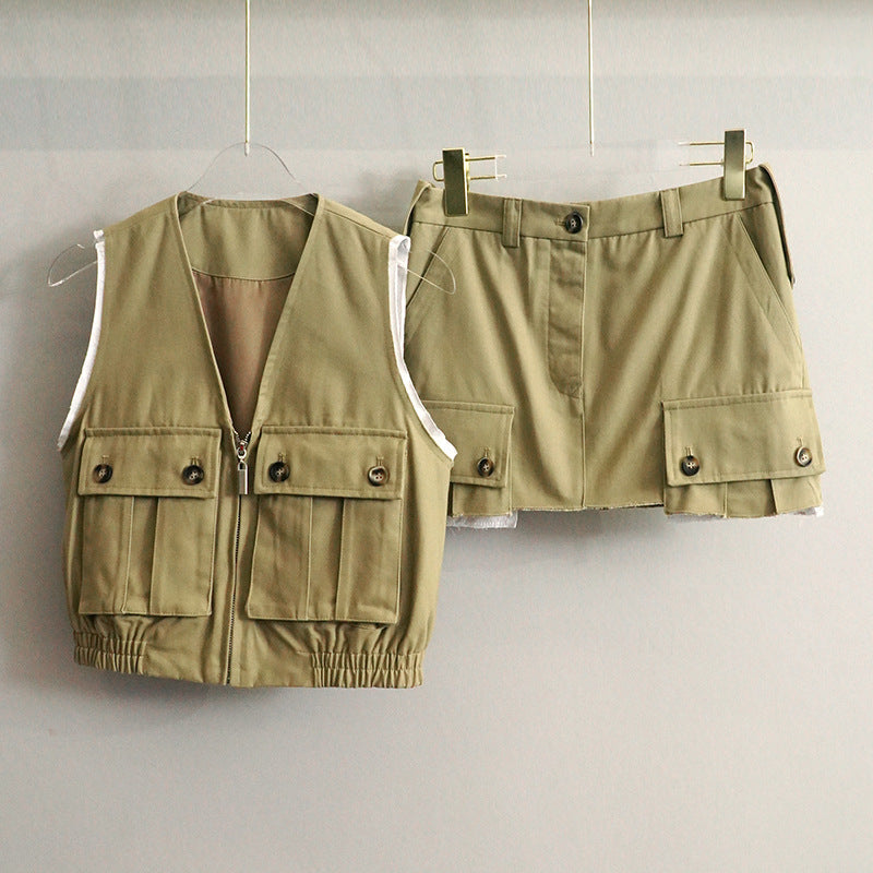 Fashionable Patchwork Pocket Half Length French Short Skirt