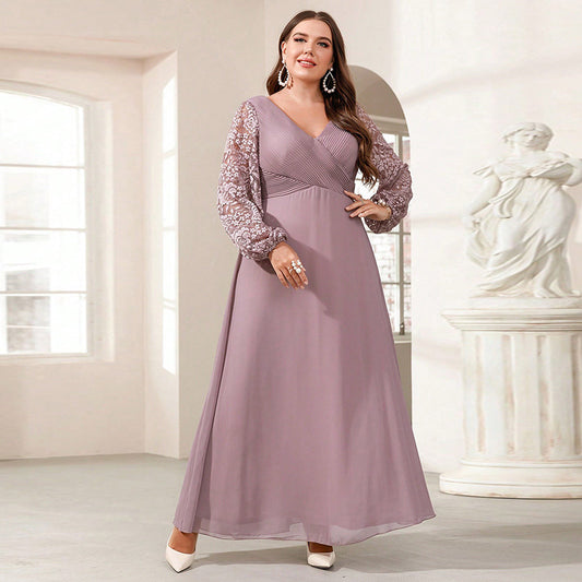 New Silk Satin V-neck Long-sleeve Dress