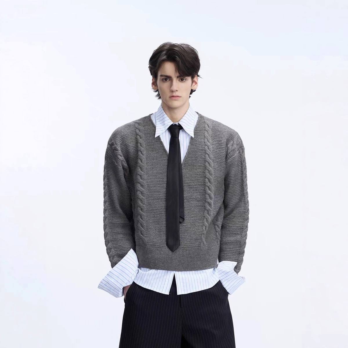 Mock Two-piece V-neck Sweater Featuring A Cable-knit Design