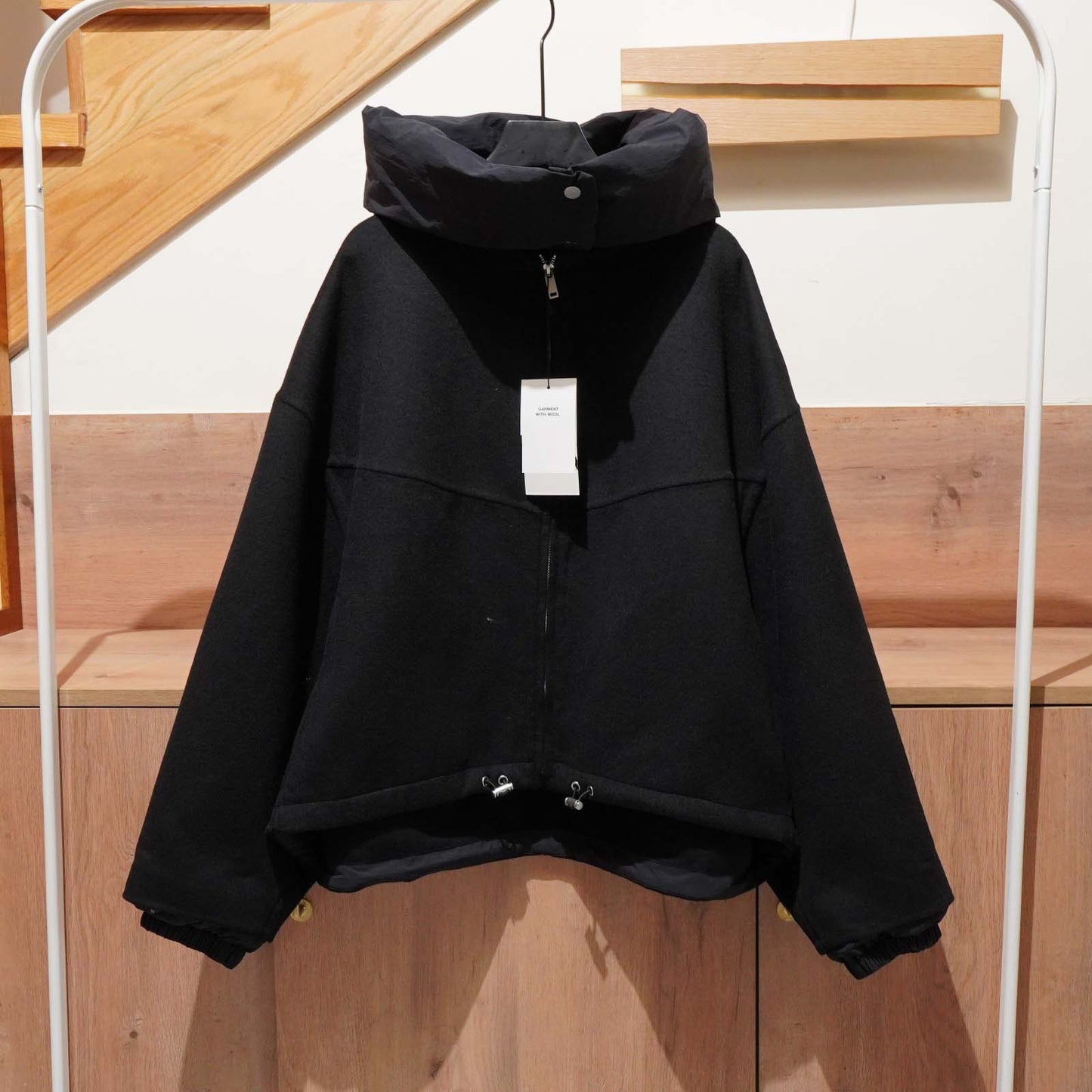 Patchwork Hooded Short Woolen Fashion Black Coat