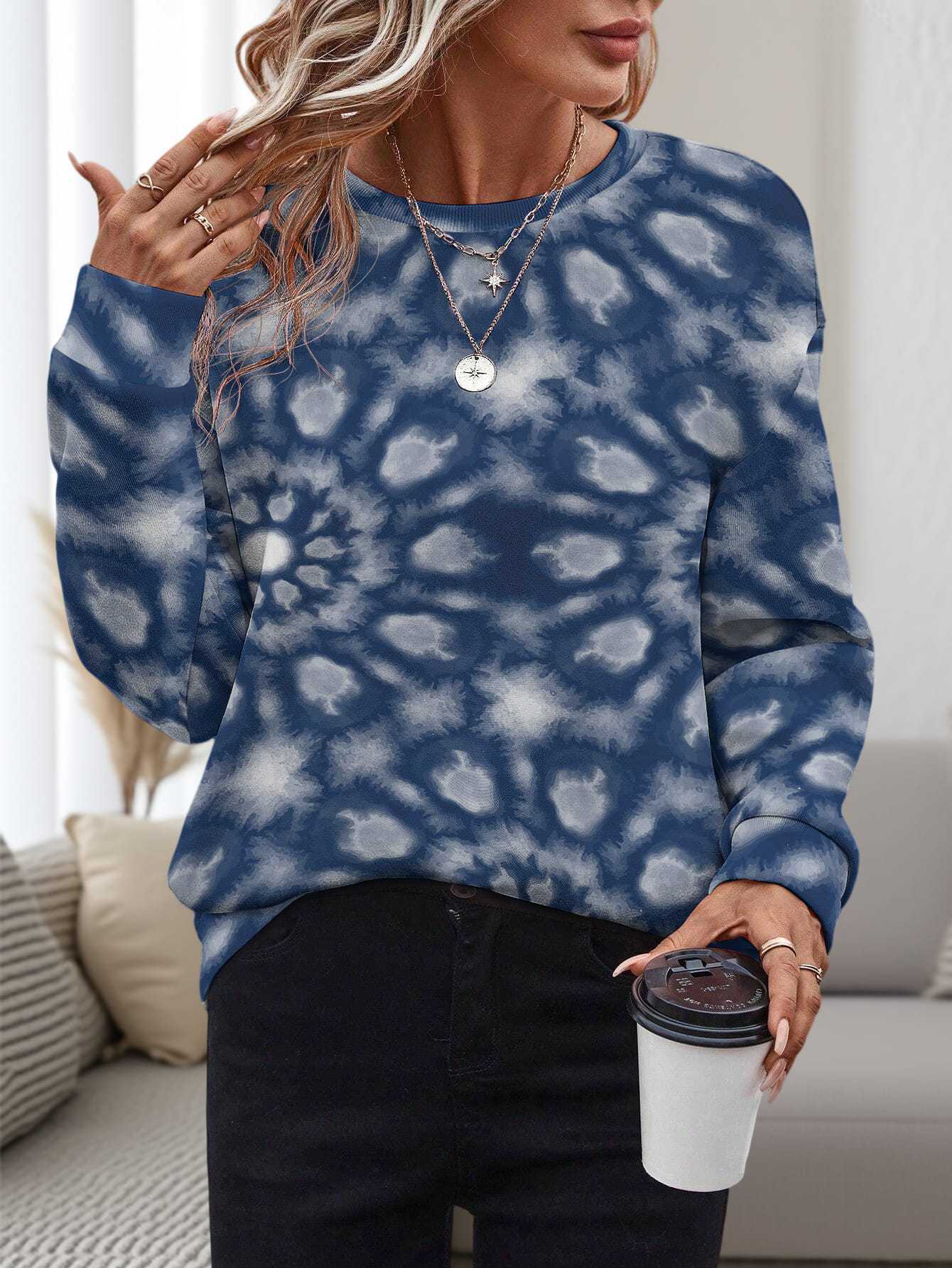 Dame 3D-printet rundhalset pullover, løs fritidstrøje
