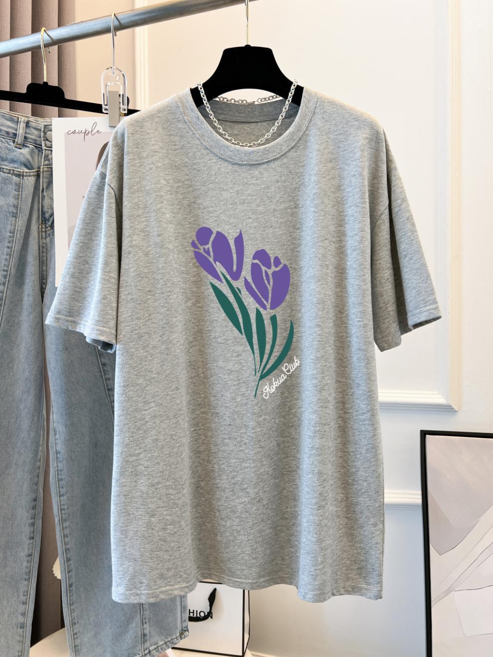 Combed Cotton Printed Summer Clothing Short Sleeve T-shirt Women's Loose Korean Style