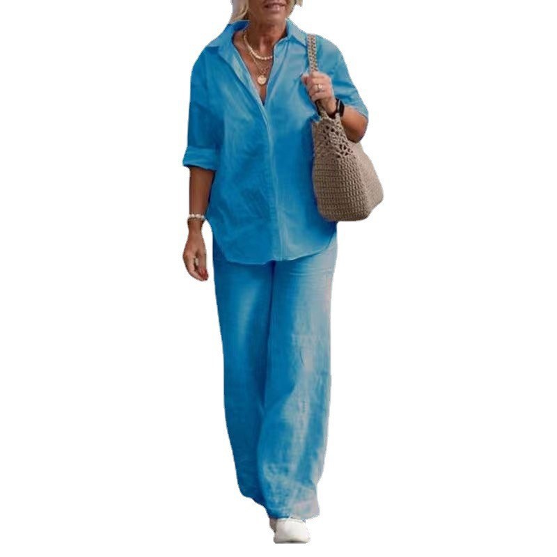 Lapel-collar Long-sleeve Shirt Casual Solid-color Pants Wide-leg Set