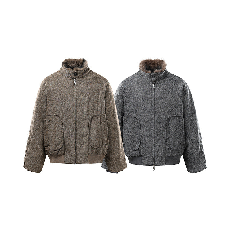 Street Multi-pocket Fleece Padded Short Stand-up Collar Cotton-padded Coat