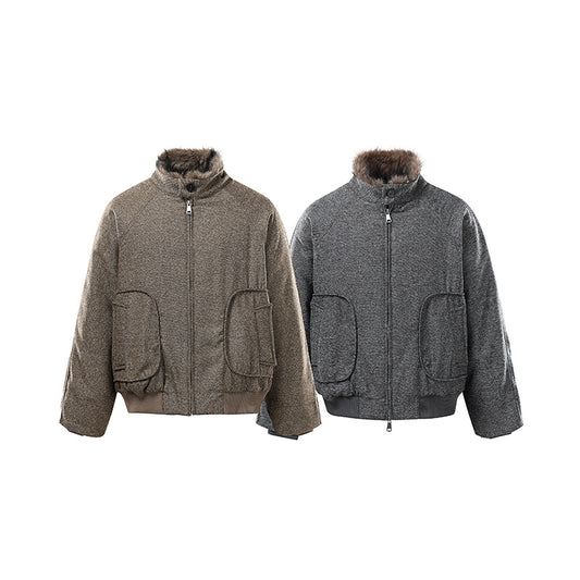 Street Multi-pocket Fleece Padded Short Stand-up Collar Cotton-padded Coat