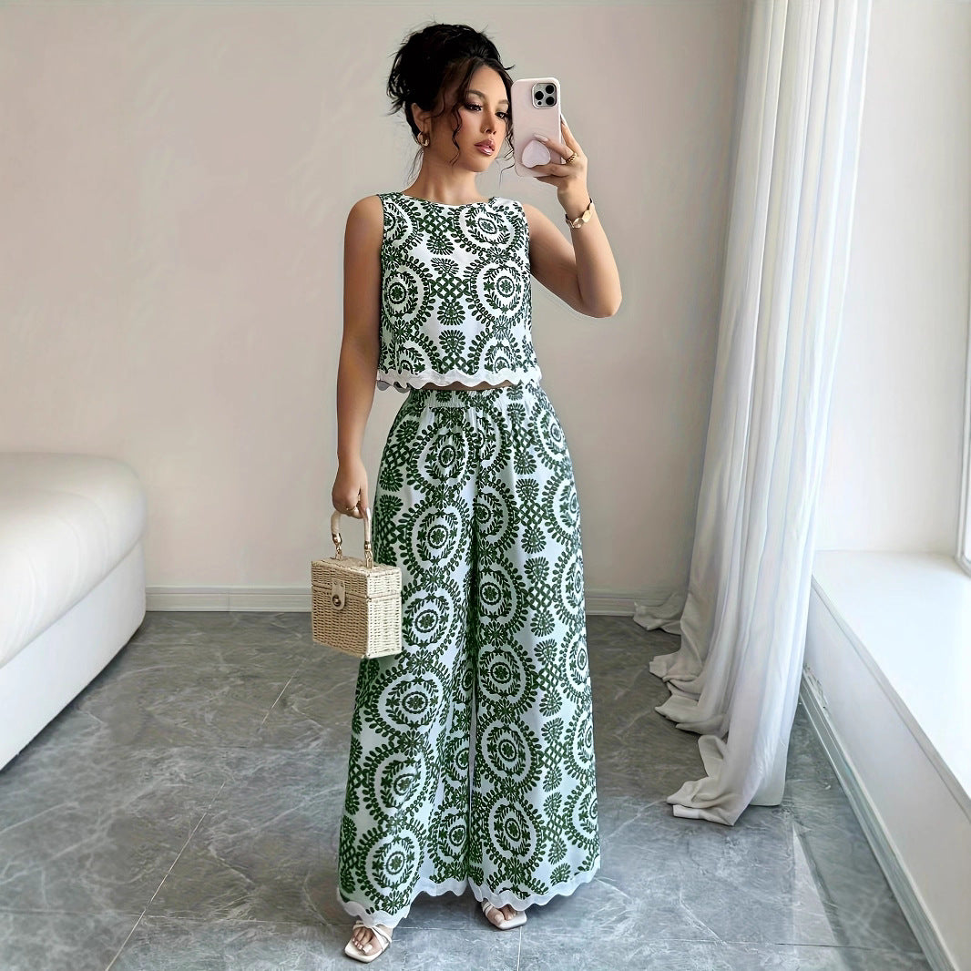 Plant-patterned Crew-neck Sleeveless Top And Wide-leg Pants Set With A Printed Design