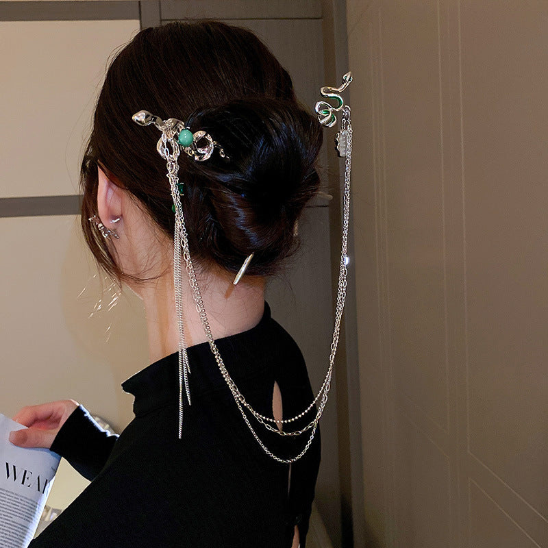 Double Hairpin Split Snake-shaped Tassel Hairpin New Chinese Bun Plate