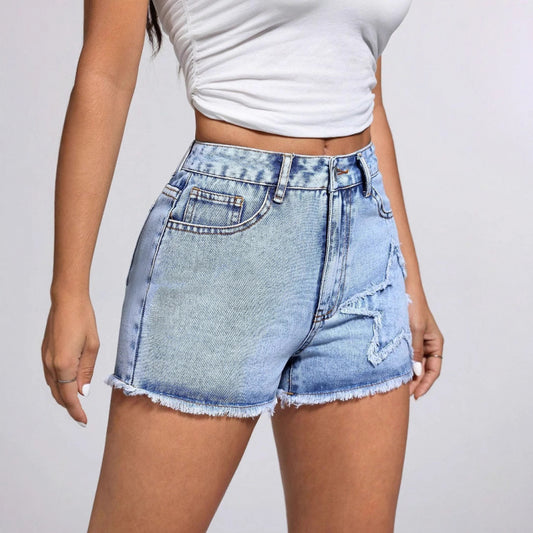 Womens Casual Stylish Raw-edge Star Denim Shorts