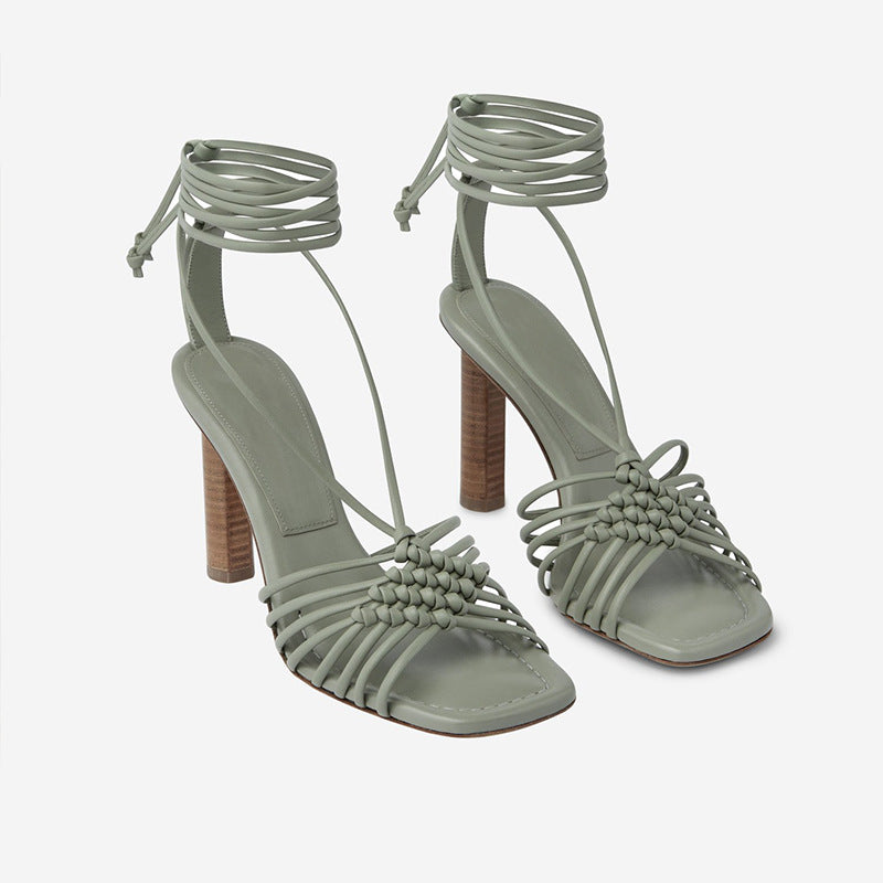 Cross Border New Style Square Head Style Large And Small Thick Heel Back Strap Woven Sandals
