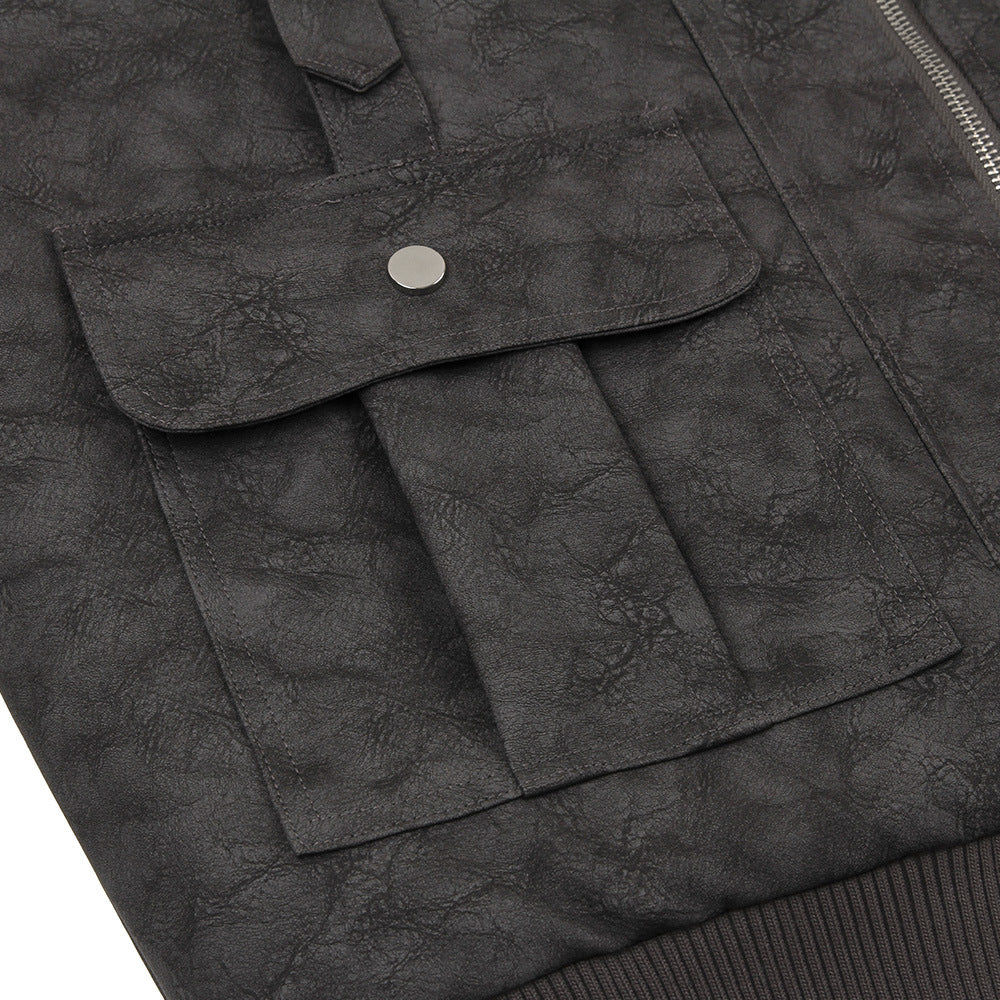Color Contrast Patchwork Raglan Sleeve Baseball PU Leather Cotton Jacket