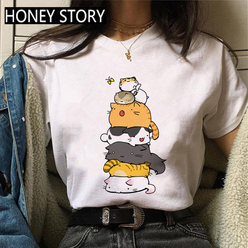 Kitten Print Round Neck Women's Loose Short Sleeve T-shirt