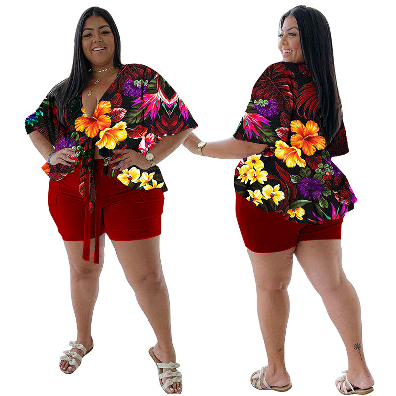 Women's Plus-Size Casual T-Shirt And Shorts Set With Print