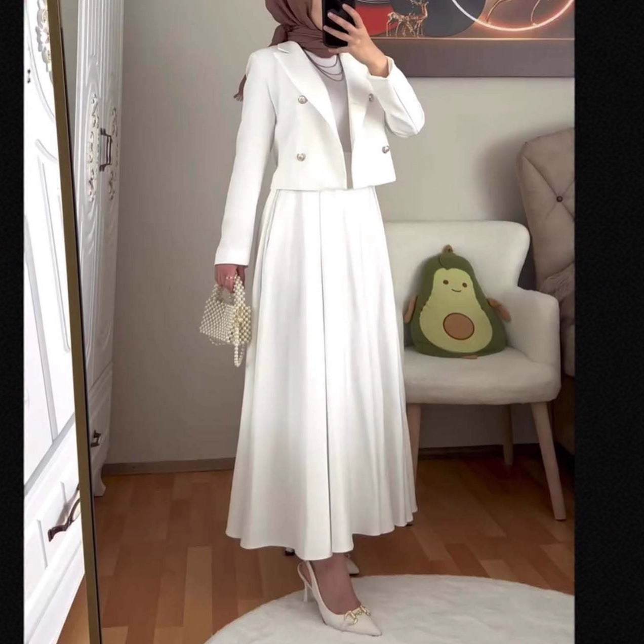 Buttoned Wool Coat And Preppy A-Line Maxi Dress Set