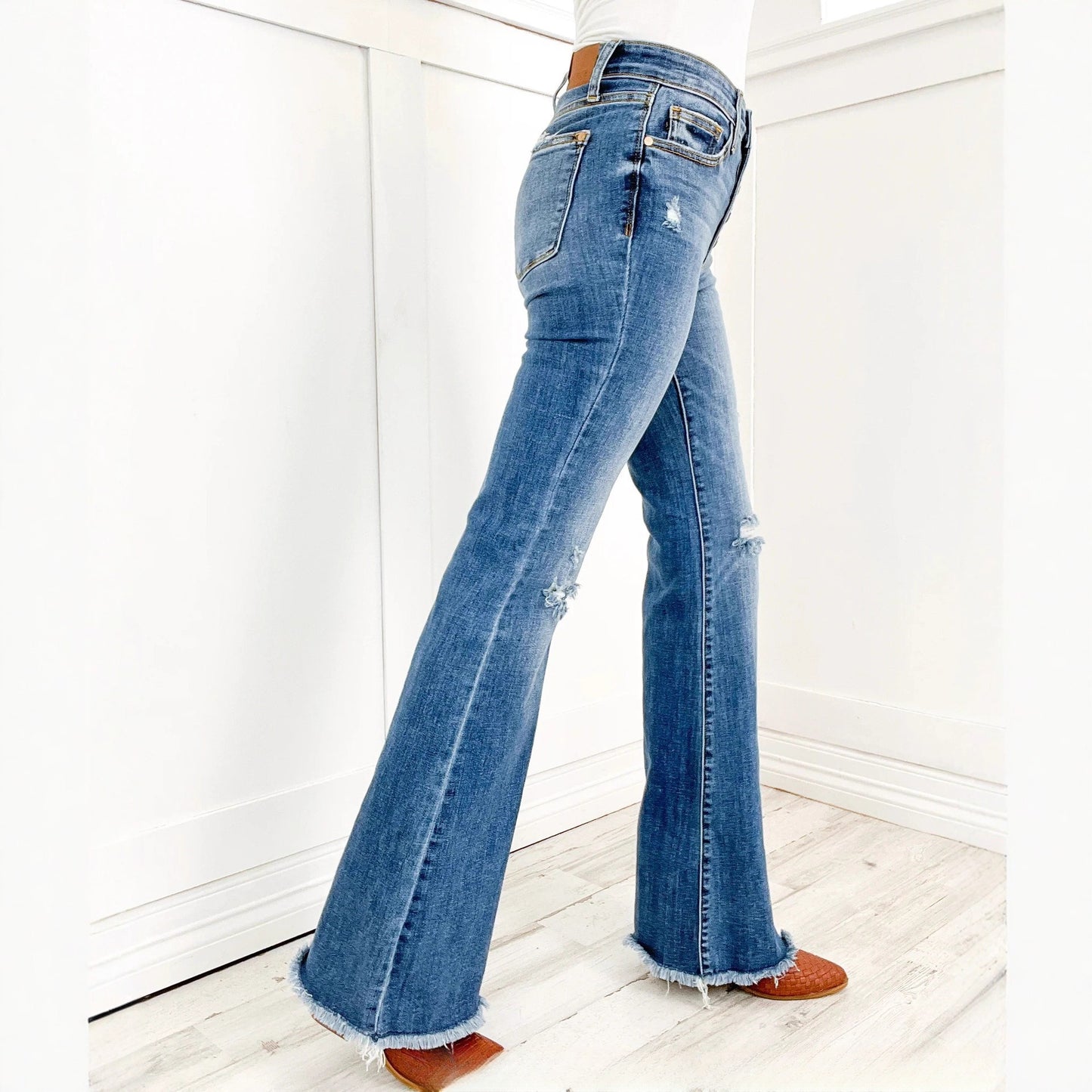 Hole Ripped High Waist Stretch Retro Slim Flare Jeans