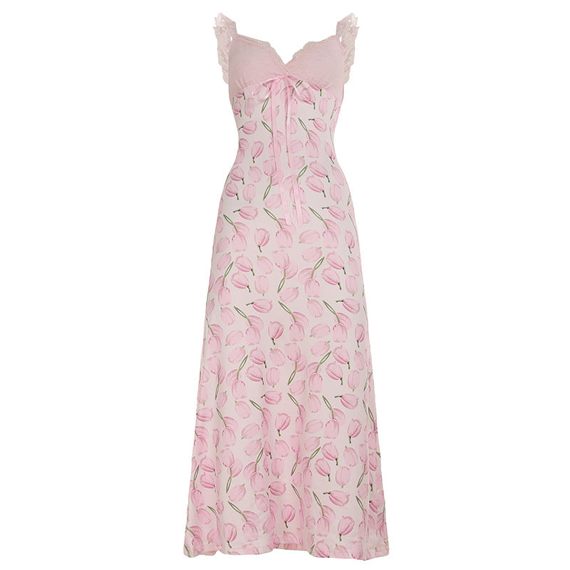 Stylish Womens Lace-Patchwork Bow-Trimed Camisole Dress