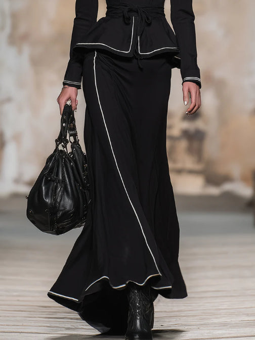 Simple And Stylish White Collared Black Jacket And Skirt Set